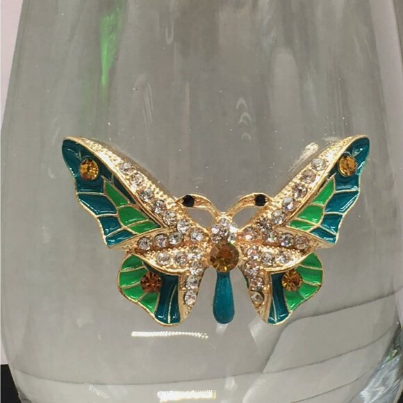 4 Rachel Zoe Rhinestone Teal Gold Butterfly Stemless Wine Glass Set Jewel Summer - Picture 3 of 8